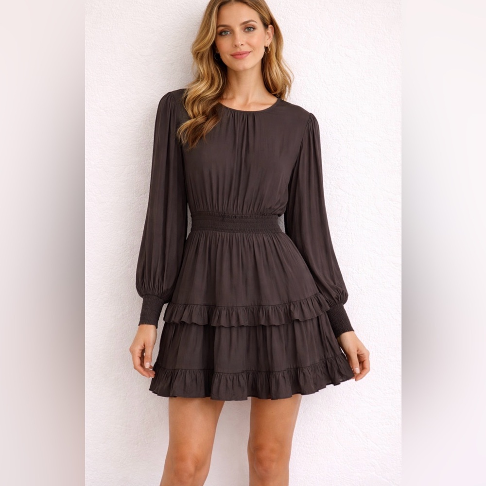 Do+Be Olive/ Gray Midi Dress Long Sleeve Smocked Waist Tiered Flowy Size S